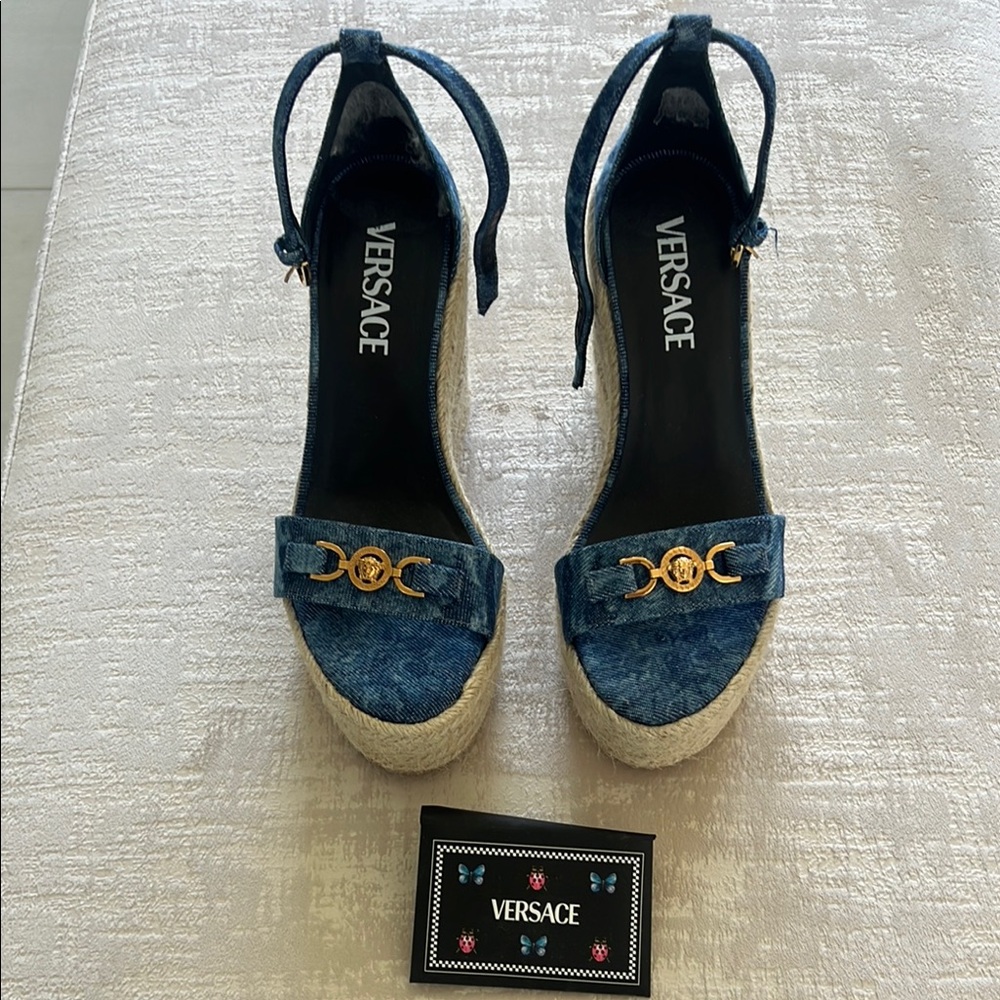 Versace Denim Blue Wedge Sandals